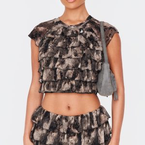 Charcoal Grey Devore Mesh Ruffle Top