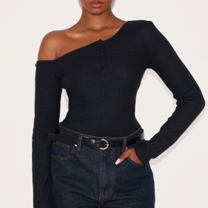 Black Rib Button Detail Asymmetric Long Sleeve Top