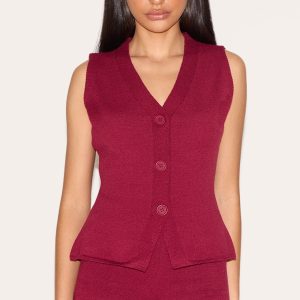 Petite Wine Knitted Longline Waistcoat