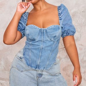 Plus Mid Blue Wash Puff Sleeve Denim Corset Top