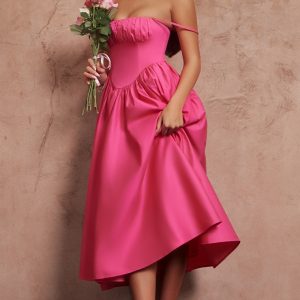Hot Pink Ruched Bust Corset Strappy Midaxi Dress