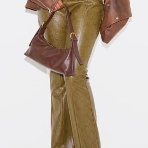 Dark Khaki Snake Print Faux Leather Low Rise Trousers