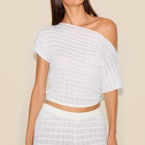 White Textured Knit Off The Shoulder Top