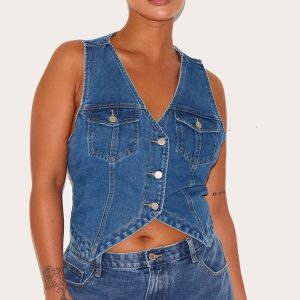 Plus Indigo Blue Wash Halterneck Button Front Denim Waistcoat