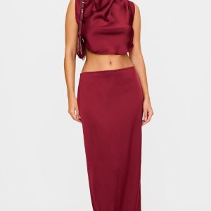 Burgundy Satin Maxi Mid Rise Skirt