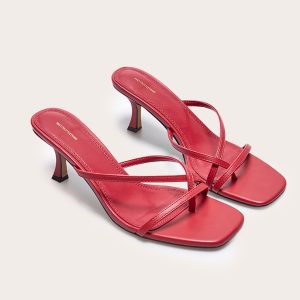 Red Pu Square Toe Strappy Toe Thong Mid Stiletto Heeled Mules