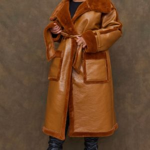Plus Camel Vinyl Contrast Faux Fur Midi Coat
