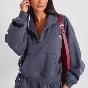 Petite Charcoal Slogan Oversized Half Zip Sweat