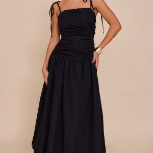 Black Ruched Detail Strappy Maxi Dress