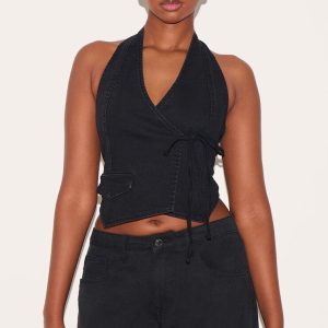 Washed Black Halter Neck Wrap Front Denim Waistcoat