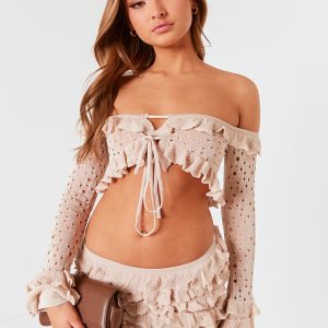 Petite Stone Bardot Crop Top With Ruffle Details