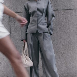 Grey Premium Woven Tailored Wide Leg Pleated Trousers