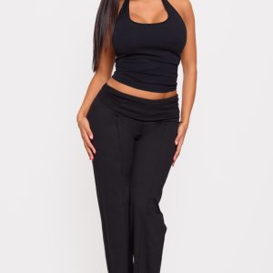 Shape Black Low Rise Fold Over Seam Front Wide Leg Trousers