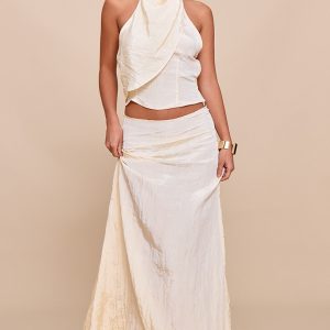 Butter Yellow Textured Woven Floaty Maxi Skirt