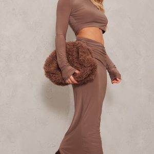Mocha Slinky Low Rise Ruched Detail Maxi Skirt
