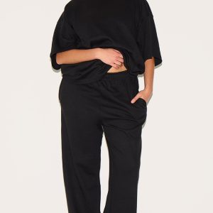 Plus Black Jersey Mid Rise Wide Leg Trousers