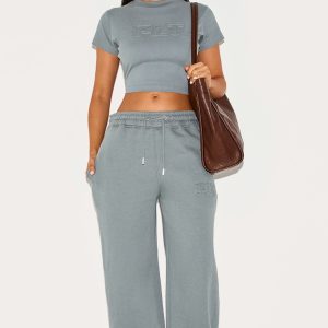 Petite Teal Plt Embossed Wide Leg Joggers