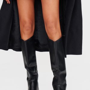 Black Pu Round Toe Knee High Flat Boots
