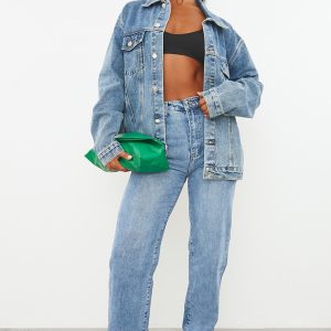 Mid Blue Wash Split Hem Straight Leg Jeans