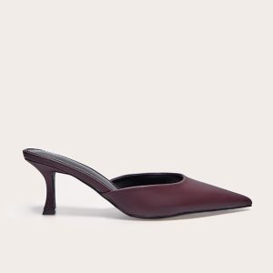 Burgundy PU Point Toe Mid Heeled Mules