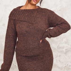Plus Chocolate Marl Knit Asymmetric Overlay Jumper