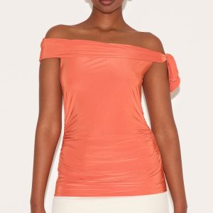 Paprika Double Layer Slinky Tie Shoulder Bardot Long Top