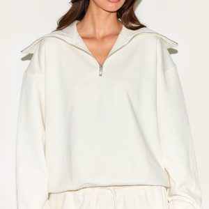Cream Premium Loopback Quarter Zip Foldover Sweatshirt