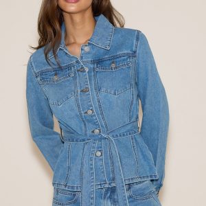 Light Blue Cinched Waist Belted Denim Jacket