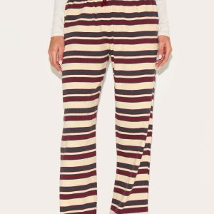 Burgundy Striped Rib Drawstring Wide Leg Trousers