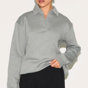Light Grey Collar Detail Long Sleeve Sweatshirt