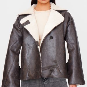 Washed Brown Distressed Faux Leather Borg Contrast Aviator Jacket