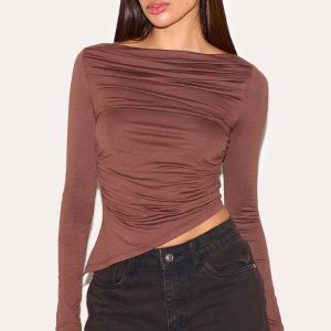 Mocha Ruched Detail Asymmetric Hem Long Sleeve Top