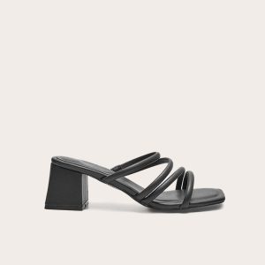 Black Wide Fit PU Square Toe Tube Strap Mid Block Heeled Sandals