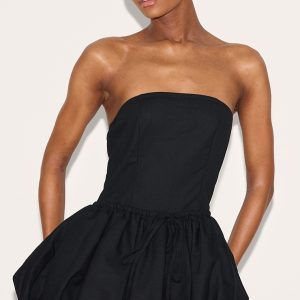 Black Linen Bandeau Tie Waist Puffball Dress