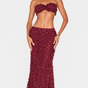Burgundy Chiffon Ruffle Low Rise Maxi Skirt