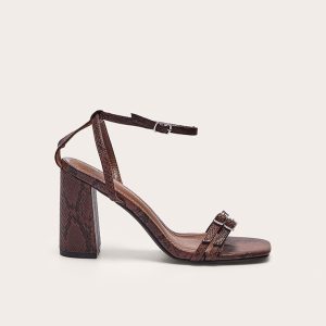 Snake Pu Square Toe Buckle Detail Block Heeled Sandal