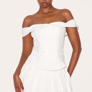 White Tailored Button Detail Bardot Pleated Skort Playsuit
