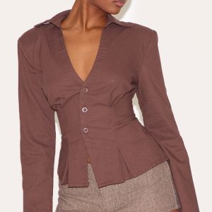 Brown Linen Blend Plunge Shoulder Padded Fitted Shirt