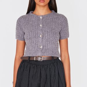 Charcoal Tight Cable Knit Button Up Short Sleeve Cardigan