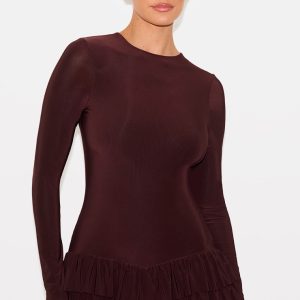 Chocolate Double Layer Slinky Long Sleeve Rara Skort Playsuit