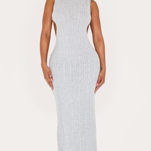 Shape Silver Brushed Rib High Neck Open Back Maxi Dress