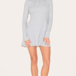 Grey Heavy Brushed Rib Button Up Shift Dress