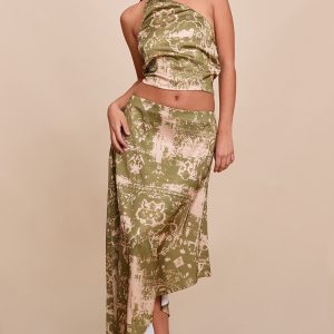 Khaki Printed Satin Asymmetric Midi Skirt
