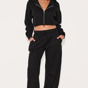 Black Waffle Detail Wide Leg Trousers