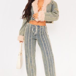 Petite Vintage Wash Fray Detail Lace Up Straight Leg Jeans