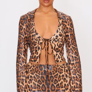 Brown Leopard Print Sequin Tie Front Detail Long Sleeve Shirt