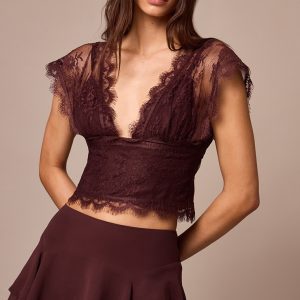 Dark Plum Chiffon Lined Lace Detail Plunge Top