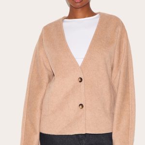 Mocha Wool Look Button Up V Neck Jacket