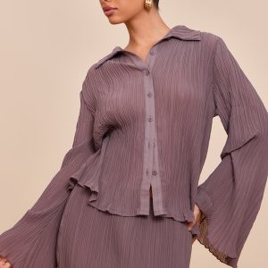Mushroom Chiffon Plisse Sheer Shirt