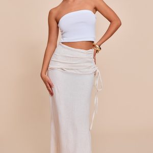 Natural Linen Look Ruched Waist Maxi Skirt